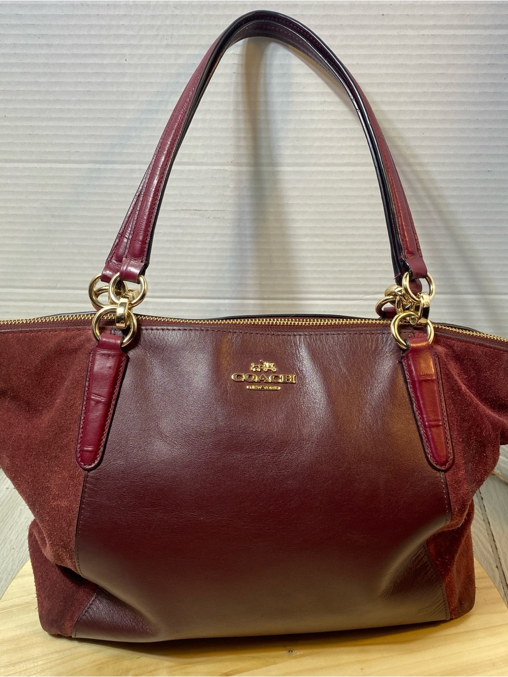 Coach Ava Tote in Burgundy Suede and Smooth Leather
